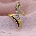 Long Double-Leaf Clear Stone Open Ring In Polished Gold Tone view 2