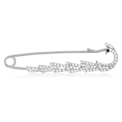 Silver swan rhinestone safety pin brooch horizontal front view