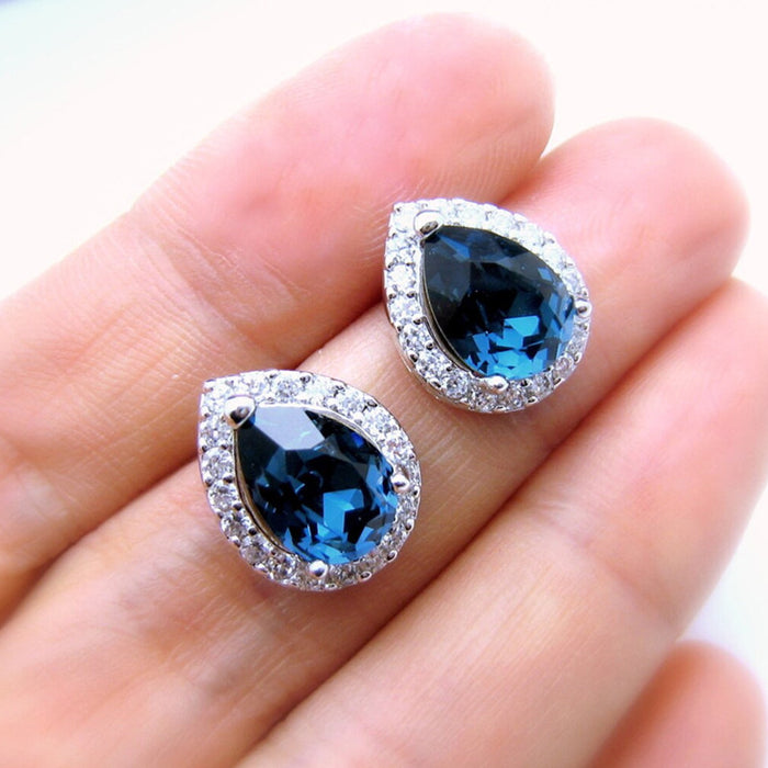 Blue and Green Teardrop Halo Crystal Stud Earrings