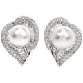 Silver Tone Leaf and Faux Pearl Crystal Stud Earrings view 6