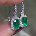 White Gold Green Emerald-Cut Halo Lever-Back Drop Earrings view 2
