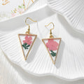 Gold Tone Triangular Pressed Flower Drop Earrings in Six Designs view 2