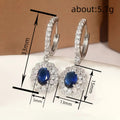 Silver Tone Blue Oval Halo Drop Hoop Earrings Pair view 4