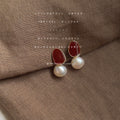 Gold Edged Burgundy Enamel And White Pearl Drop Stud Earrings view 3