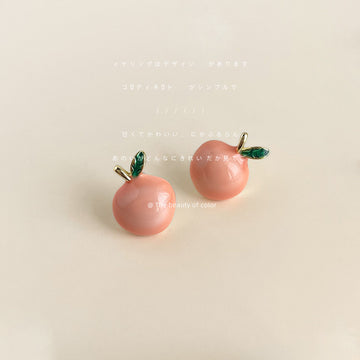Pink Glossy Apple Stud Earrings Green Enamel Leaf Accents