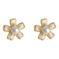 Gold Tone White Six Petal Flower Pearl Center Mini Stud Earrings view 5