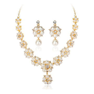 Gold Tone Silver Tone Pearl Floral Garland Pearl Look Metal Necklace and Earring Set