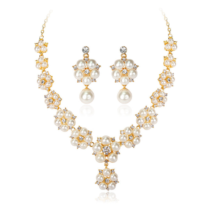 Gold Tone Silver Tone Pearl Floral Garland Pearl Look Metal Necklace and Earring Set