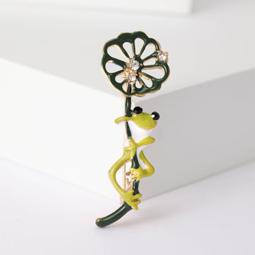 Green Frog on Lotus Stem Brooch Enamel Crystal Pod