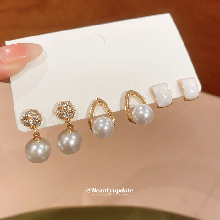 Gold Pearl Crystal Drop Stud Earring Six Piece Mix Set