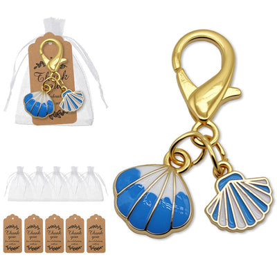 Twin blue white seashell charms with bags and kraft tags