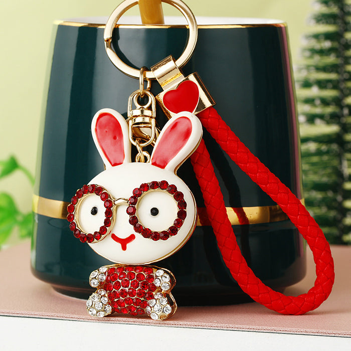 Jeweled Glasses Rabbit Keychains in Six Colors with Braided Loops