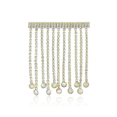 Front view of crystal chain fringe bar brooch in gold and silver tone
