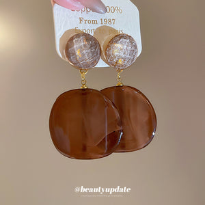 Translucent Brown Resin Disc Drop Earrings With Round Stud Tops
