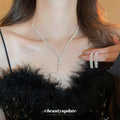 Silver Tone Crystal Y Necklace And Double Row Drop Earring Set view 2