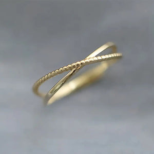 Gold Tone Thin Crossed Beaded Band Ring Sizes 6 to 10