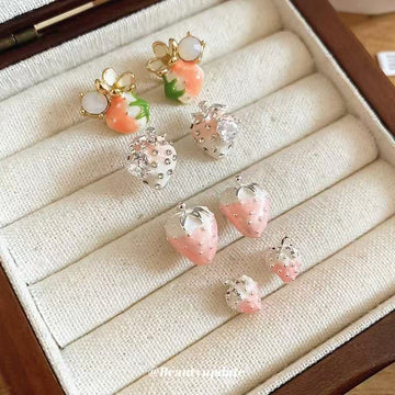 Pink Strawberry Stud Earrings In Three Crystal And Enamel Styles