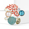 Coral and Seashell Brooch With Teal Pearl and Blue Crystal view 2