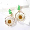 Green Enamel Stud White Daisy Resin Drop Earrings Gold Rim view 3