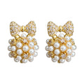 Gold Pave Bow Pearl Cluster Round Stud Earrings Pair view 5