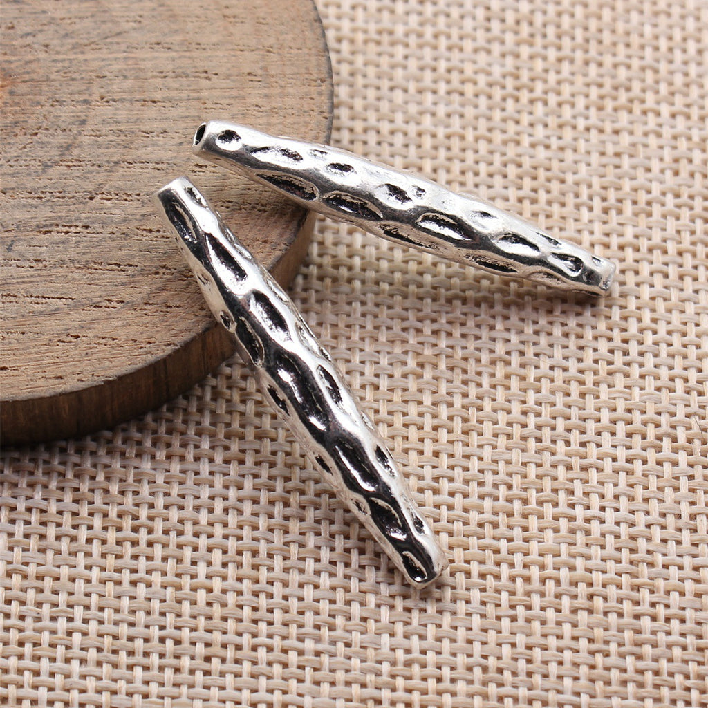42x6.9x6.6mm 5.2g Antique Silver Zinc Alloy Hammered Spindle Tube Loose Metal Beads for Bracelet DIY