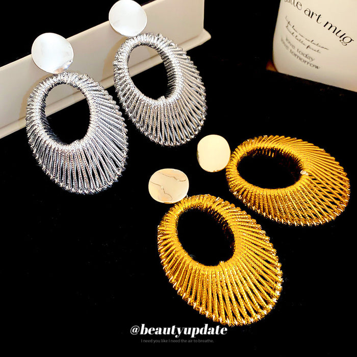 Woven Open Oval Drop Stud Earrings in Gold and Silver
