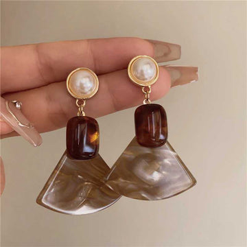 Brown Resin Fan Drop Earrings with Pearl Studs with Polished Details