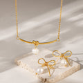 Gold Bow Pearl Stud Earrings And Knot Bar Pearl Necklace view 4