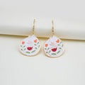 Gold Tone Enamel Cat Flower Drop Earrings White Black Circles view 2