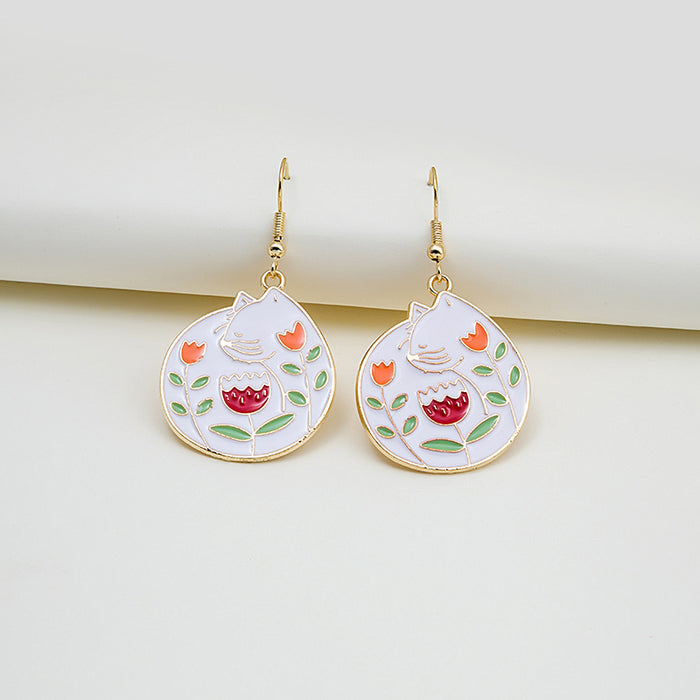 Gold Tone Enamel Cat Flower Drop Earrings White Black Circles