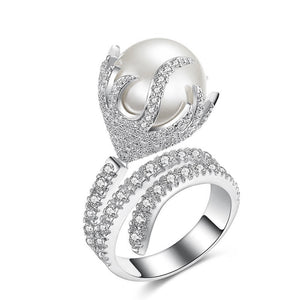 Pearl Sphere and Crystal Loop Statement Ring With Clear Crystal Accents