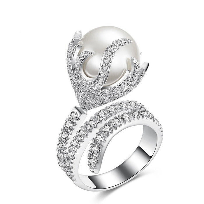 Pearl Sphere and Crystal Loop Statement Ring With Clear Crystal Accents