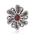 Antique Tone Floral Brooch with Red Center Stone Decorative Metal Pin view 1