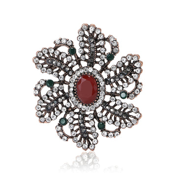 Antique Tone Floral Brooch with Red Center Stone Decorative Metal Pin