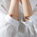 Gold Open Cuff Bangle Ball Ends Sliding Stone Drop view 4