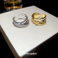 Silver Triple Cross Open Ring Hammered Rhinestone Band view 2