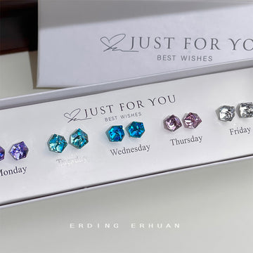 Five Pair Hexagon Crystal Stud Earrings Multicolor