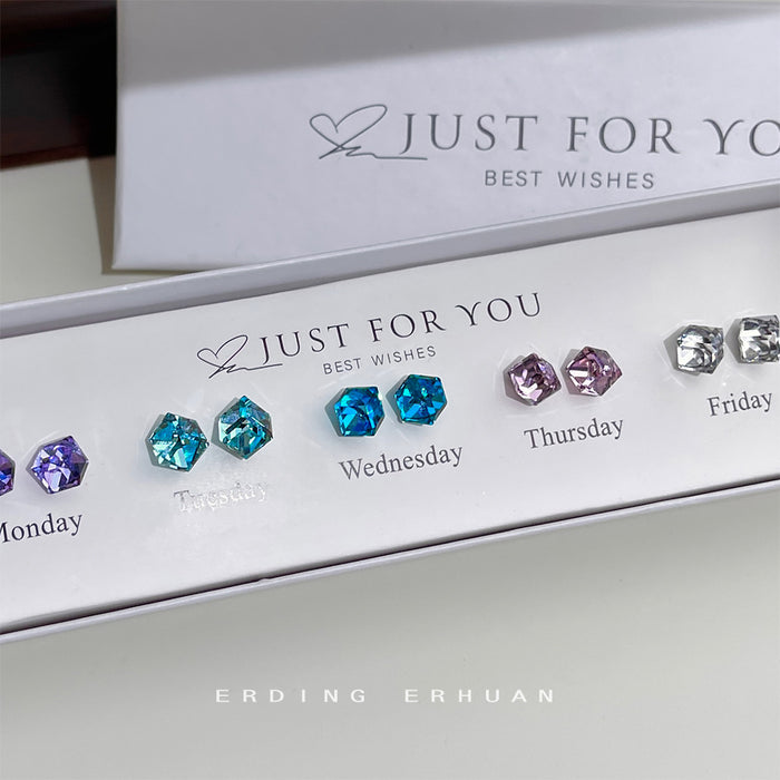 Five Pair Hexagon Crystal Stud Earrings Multicolor