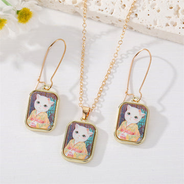 Gold Tone Painted Cat Portrait Necklace and Earring Options