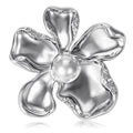 Sculpted Flower Brooch in Metal with Smooth Curled Metal Petals Around a White Pearl view 5