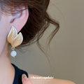 Textured Leaf Drop Earrings With White Faux Pearl Accents view 3