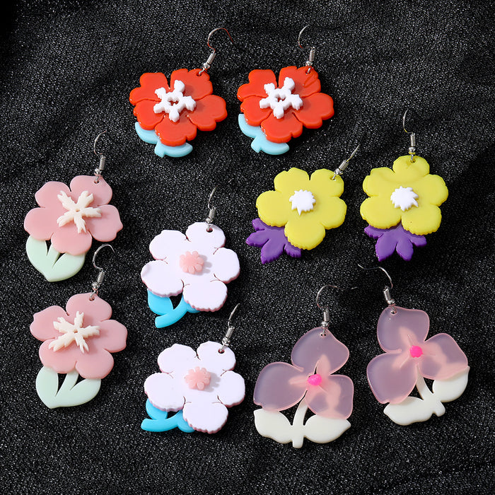Silver Tone Layered Flower Acrylic Hook Earrings in Five Colors