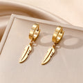 Gold Tone Heart Feather Leaf and Triangle Huggie Drop Earrings view 6