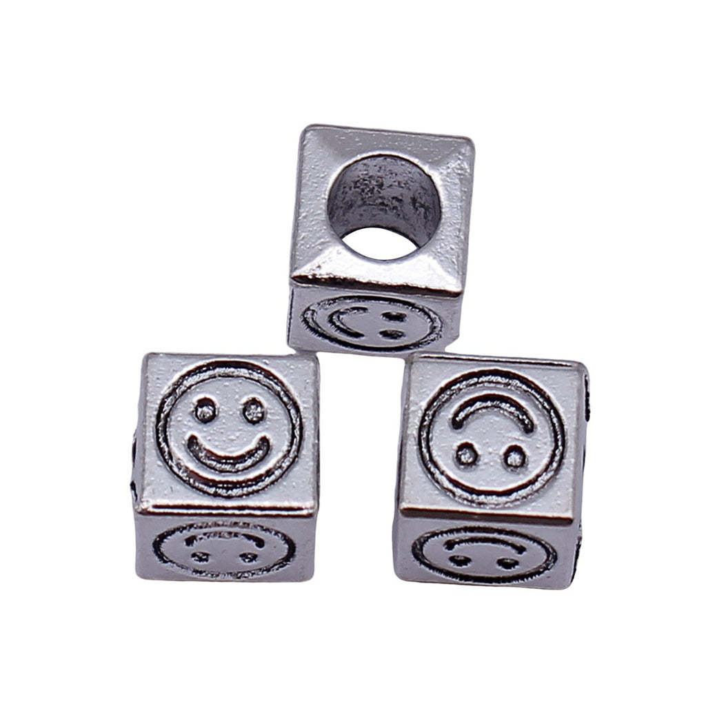8.3x7.7x7.7mm 2.1g Antique Silver Zinc Alloy Square Four-Sided Smiley Face Large Hole Beads for Bracelet DIY