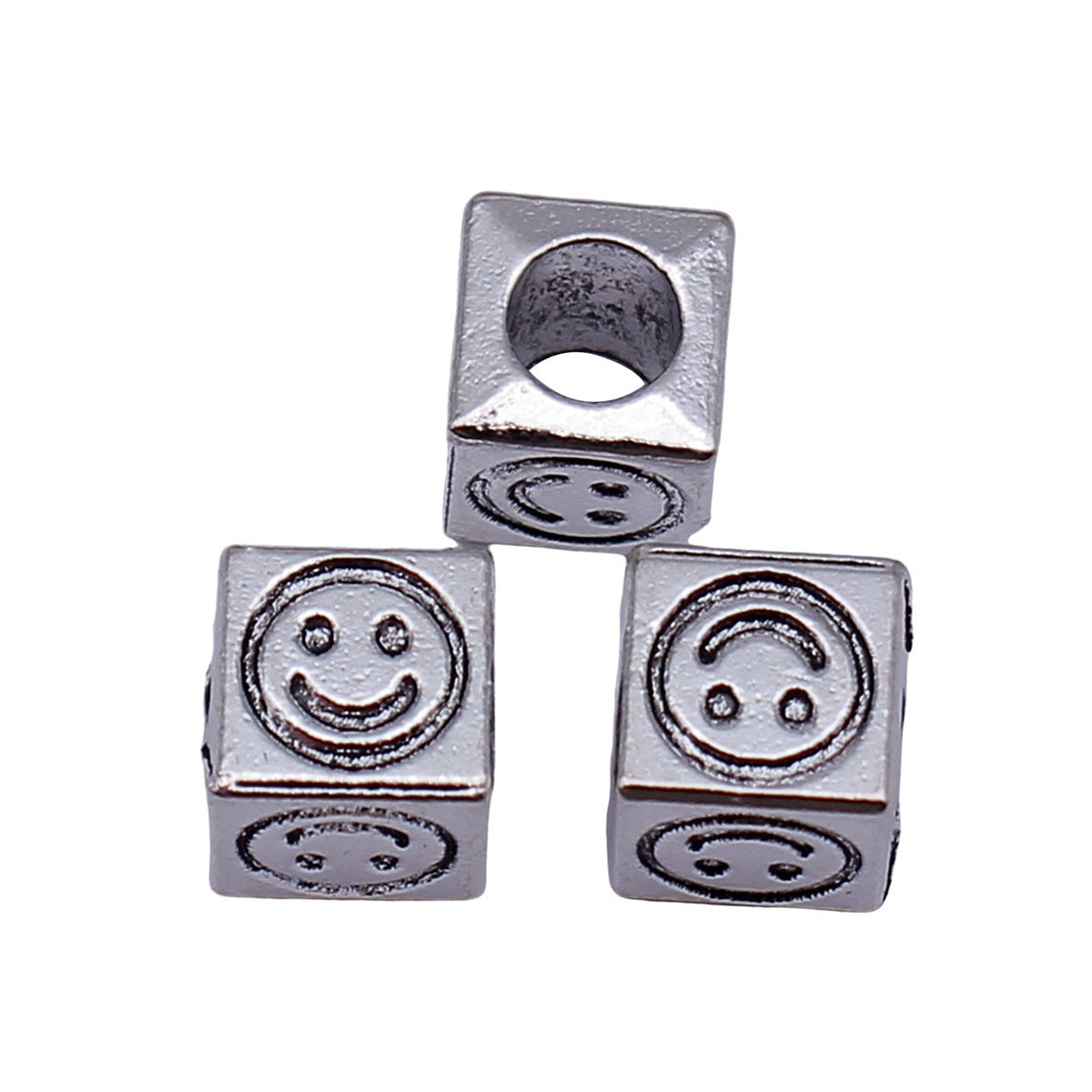 8.3x7.7x7.7mm 2.1g Antique Silver Zinc Alloy Square Four-Sided Smiley Face Large Hole Beads for Bracelet DIY