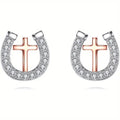 Silver Tone Clear Stone Horseshoe And Cross Stud Earrings view 2