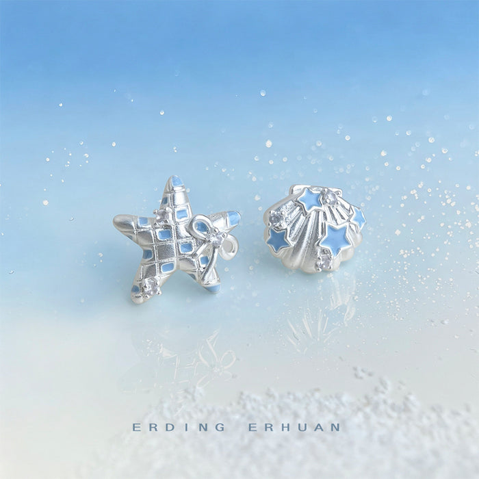 Silver-Tone Asymmetric Blue Enamel Starfish Shell Studs