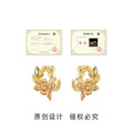 Gold Bird Floral Wreath Stud Green Clear CZ Earrings view 3