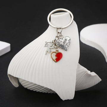 Silver Tone Heart Cupid and Red Broken Heart Keychain