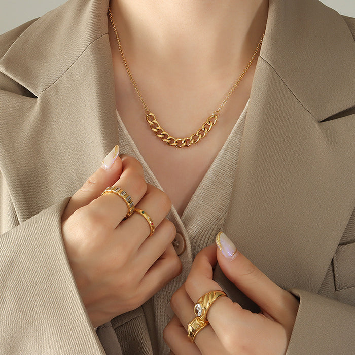 Thick Cuban Center Link Necklace Thin Chain Gold Steel Tone